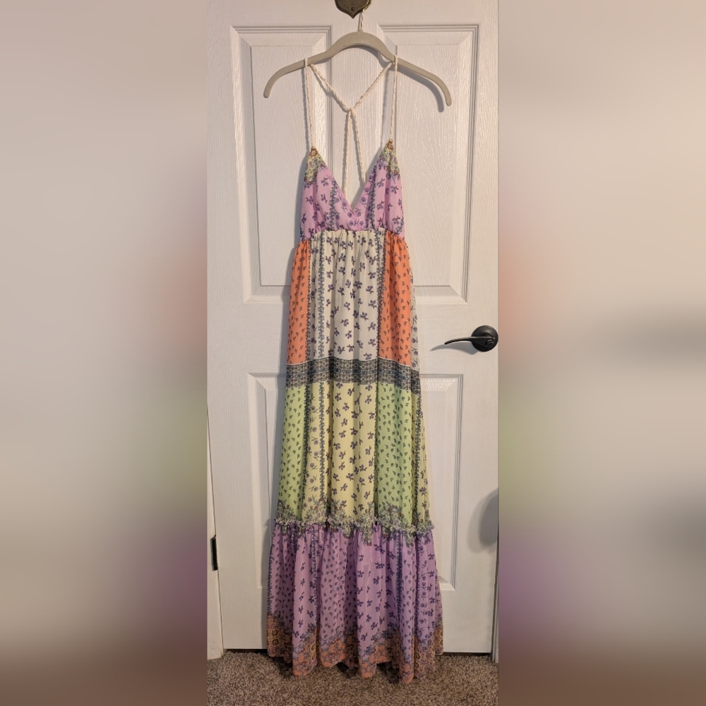 Strappy fun Bright Boho Patchwork Maxi Dress Low Back Forever 21 M
